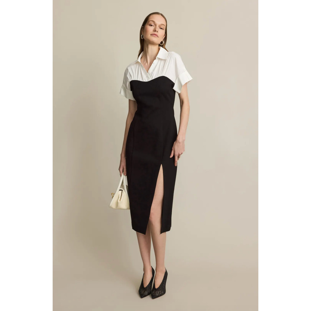 Toccin Collared Shirt Dress Button Down Short Sleeve Slit Midi Black Sz 2